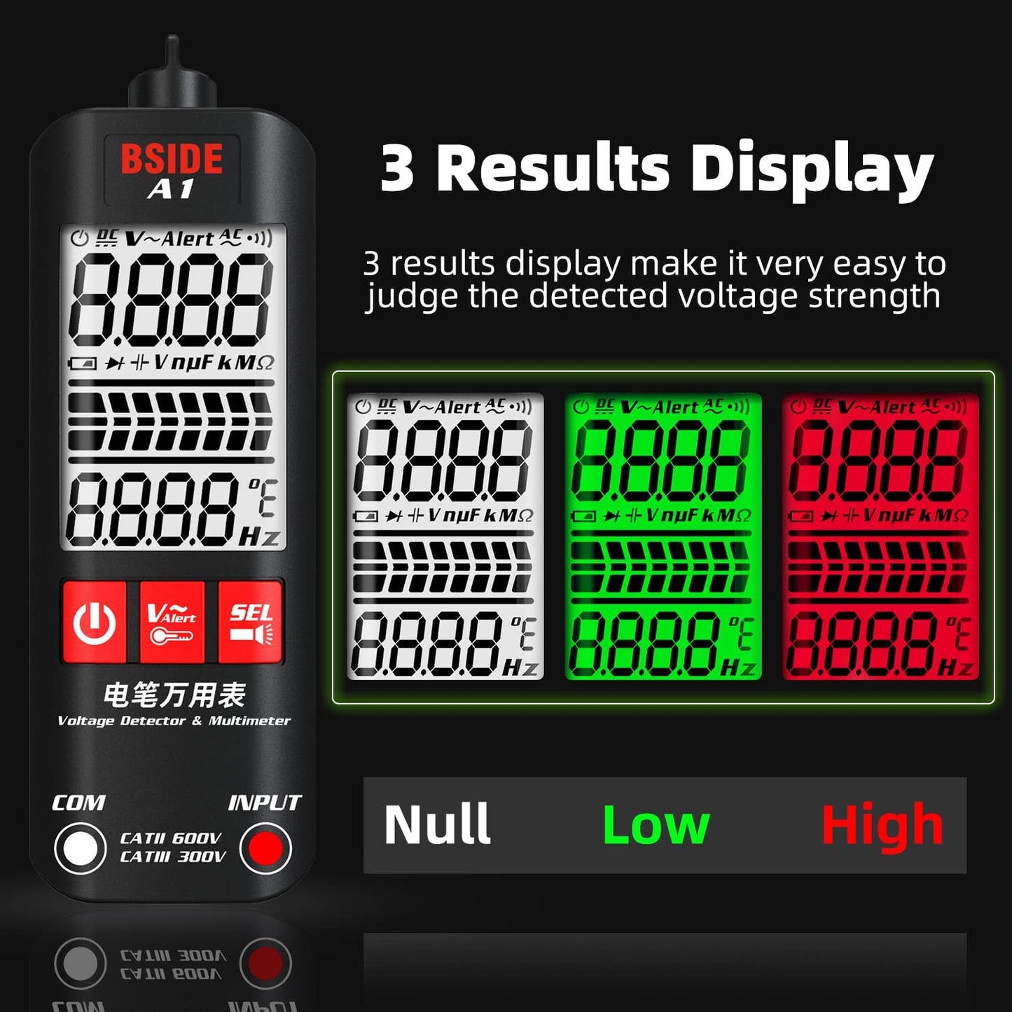 BSIDE A1 Voltage Tester Multimeter 3-Results Display Pocket Smart Voltmeter