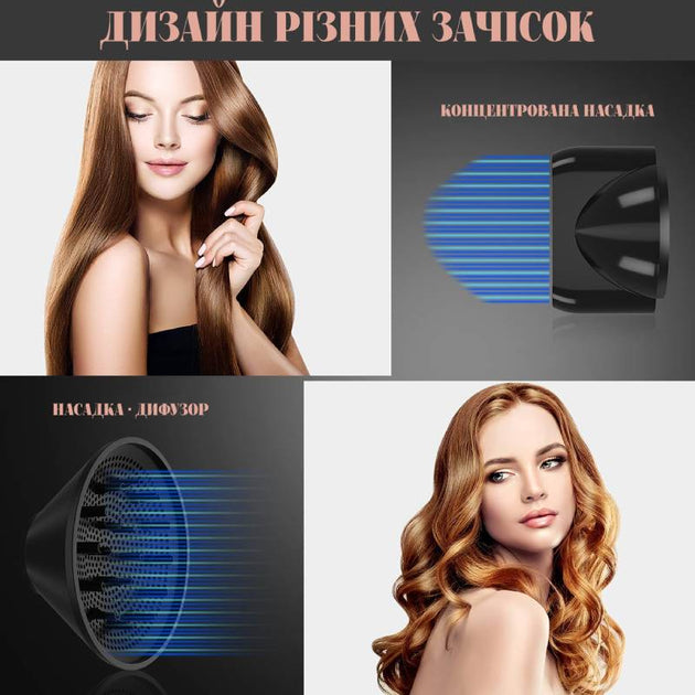 Professional hair dryer Hair Dryer with ionization, 2000 W, 3 modes, with diffuser and concentrator, gold