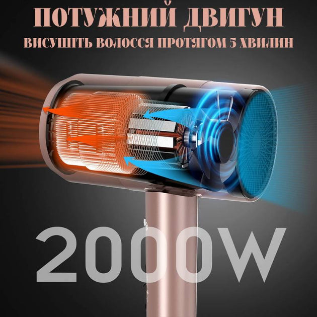 Professional hair dryer Hair Dryer with ionization, 2000 W, 3 modes, with diffuser and concentrator, gold