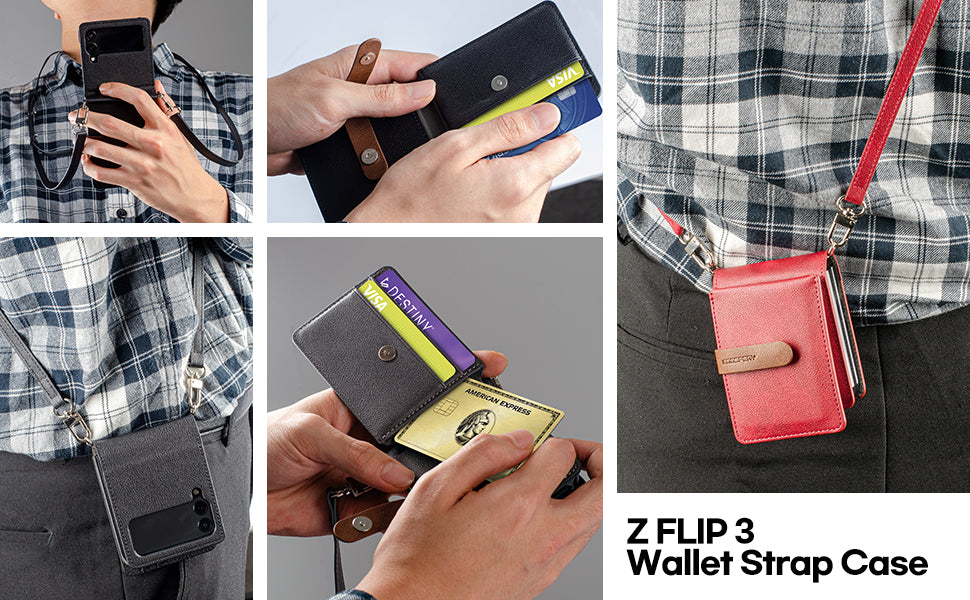 GOOSPERY Wallet Case Compatible with Galaxy Z Flip 3, Detachable Card Holder 2 Card Pocket Storage Premium PU Leather Adjustable Cross-Body Strap Attached Earbud Cord Organizer (Black)