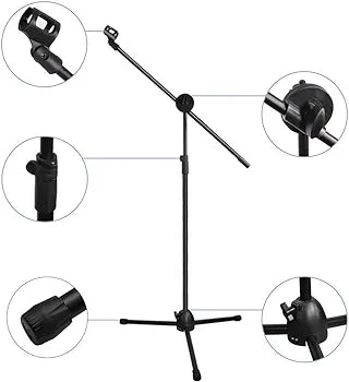 Microphone Stand, Ohuhu Tripod Boom Mic Stands, Dual Mic Clip, Collapsible, Black