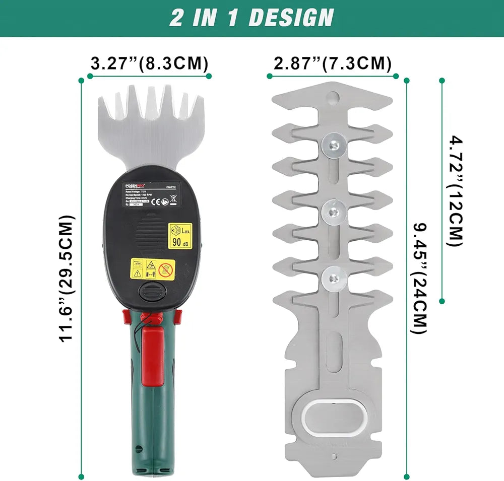 POSENPRO 7.2V 2-in-1 Cordless Hedge Trimmers Electric Grass Trimmer Shrubbery Trimmer Handheld Shrub Shear Rechargeable Lithium-Ion Built-in Battery