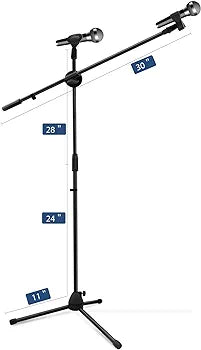 Microphone Stand, Ohuhu Tripod Boom Mic Stands, Dual Mic Clip, Collapsible, Black