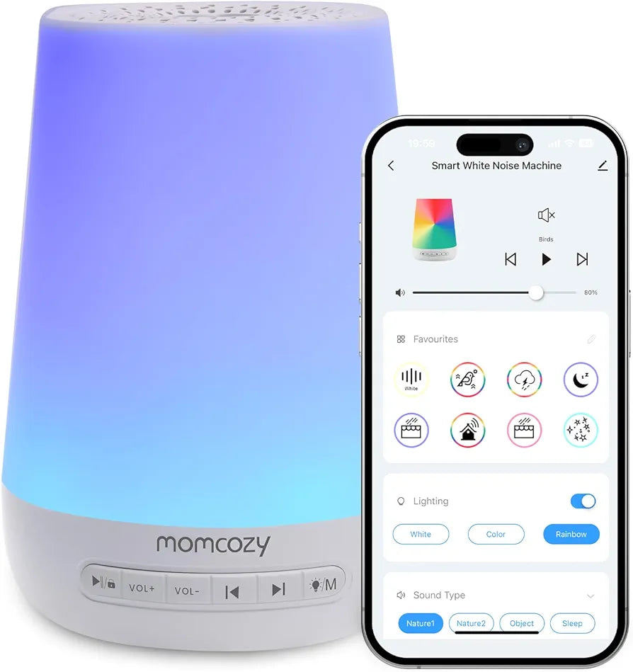 Momcozy White Noise Machine for Baby Sleeping with Night Light, Toddler Sleep Trainer 34 Soothing Sleep Sounds, Timer, App Remote Control, Personal Sleep Routine Alarm Clock(Blue)