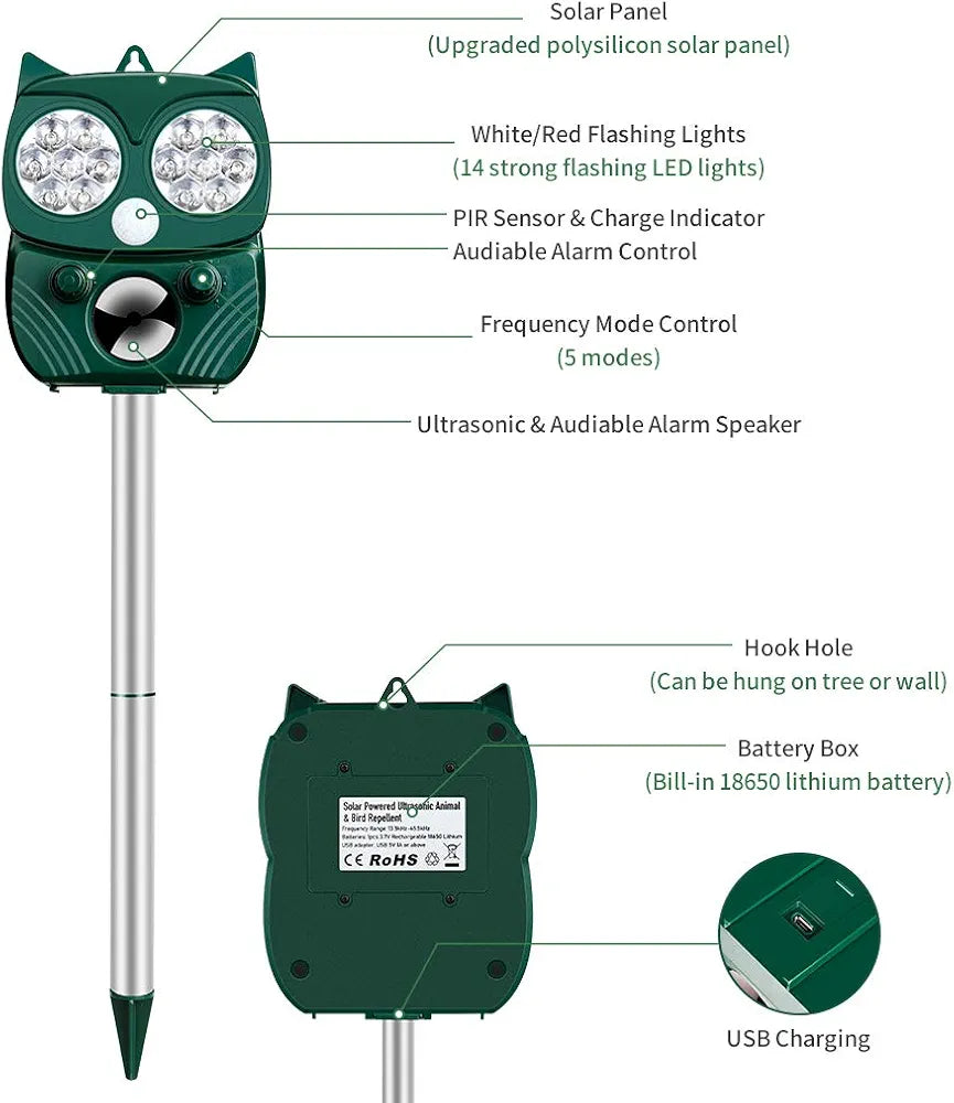 Professional Repellent, Solar Powered Ultrasonic Repellent IP66 Waterproof Adjustable Frequency to Repel 5 Adjustable Modes Animal Repeller Ultrasound Repellent (green)