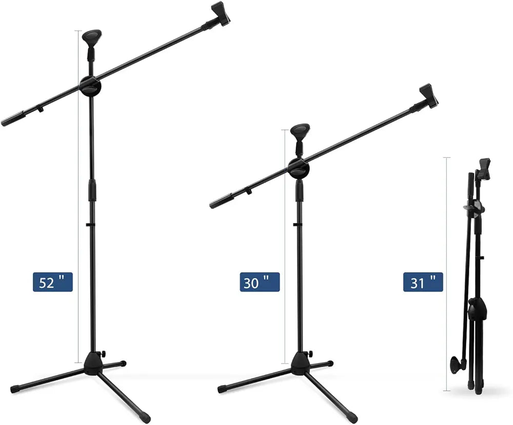 Microphone Stand, Ohuhu Tripod Boom Mic Stands, Dual Mic Clip, Collapsible, Black