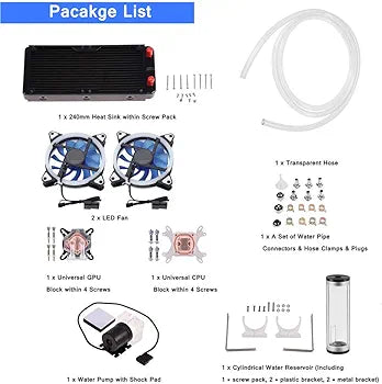 PC Water Cooling Kit DIY Water Cooling Kit with Cooler CPU/GPU Block Cylindrical Water Reservoir Pump LED Fan 240mm Heat Sink Connectors Kit All-in-one Liquid Computer Water Cooling set