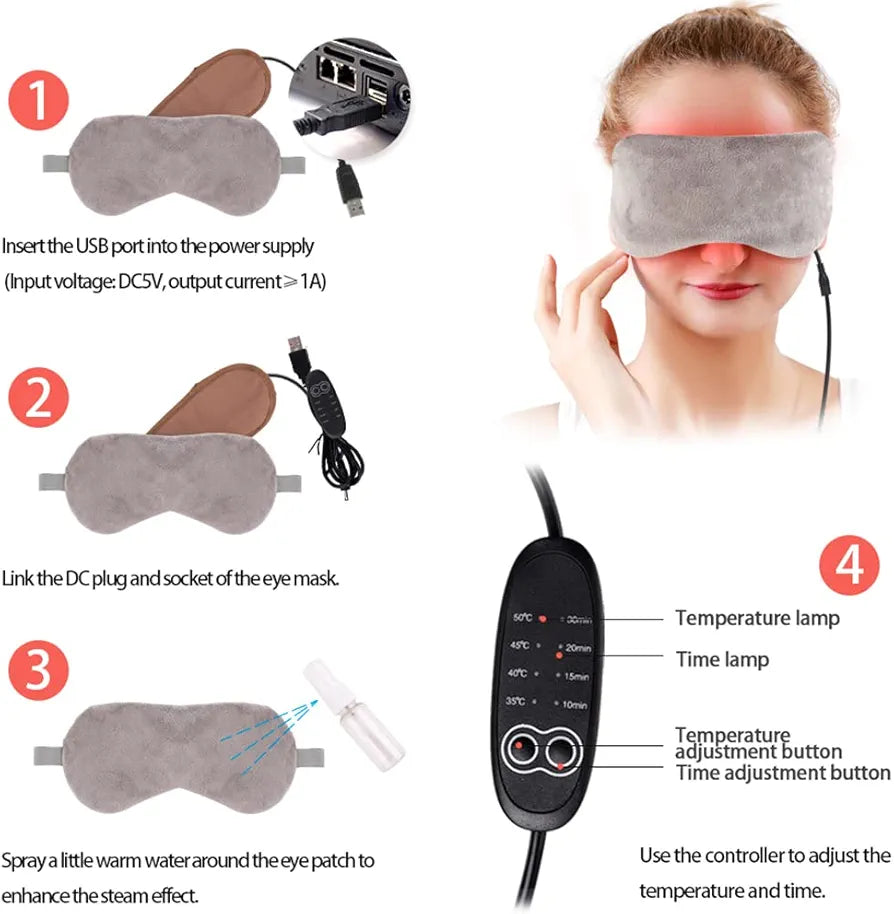 NEWGO USB Heated Eye Mask Steam Warm Eye Compress with Temperature/Timer Control Hot Eye Mask for Blepharitis, Sleeping, Dry Eyes, Tired Eyes, Stye