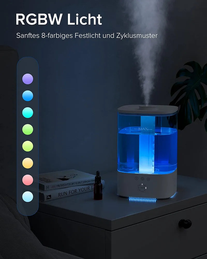 Maxcio 3.5 L Humidifier Children's Room, Top-Fill Ultrasonic RGB Night Light Humidifier, BPA-Free Aroma Diffuser, 360° Steam Nozzles, Running Time up to 40 Hours, 28 dB Super Quiet for Bedroom Plants