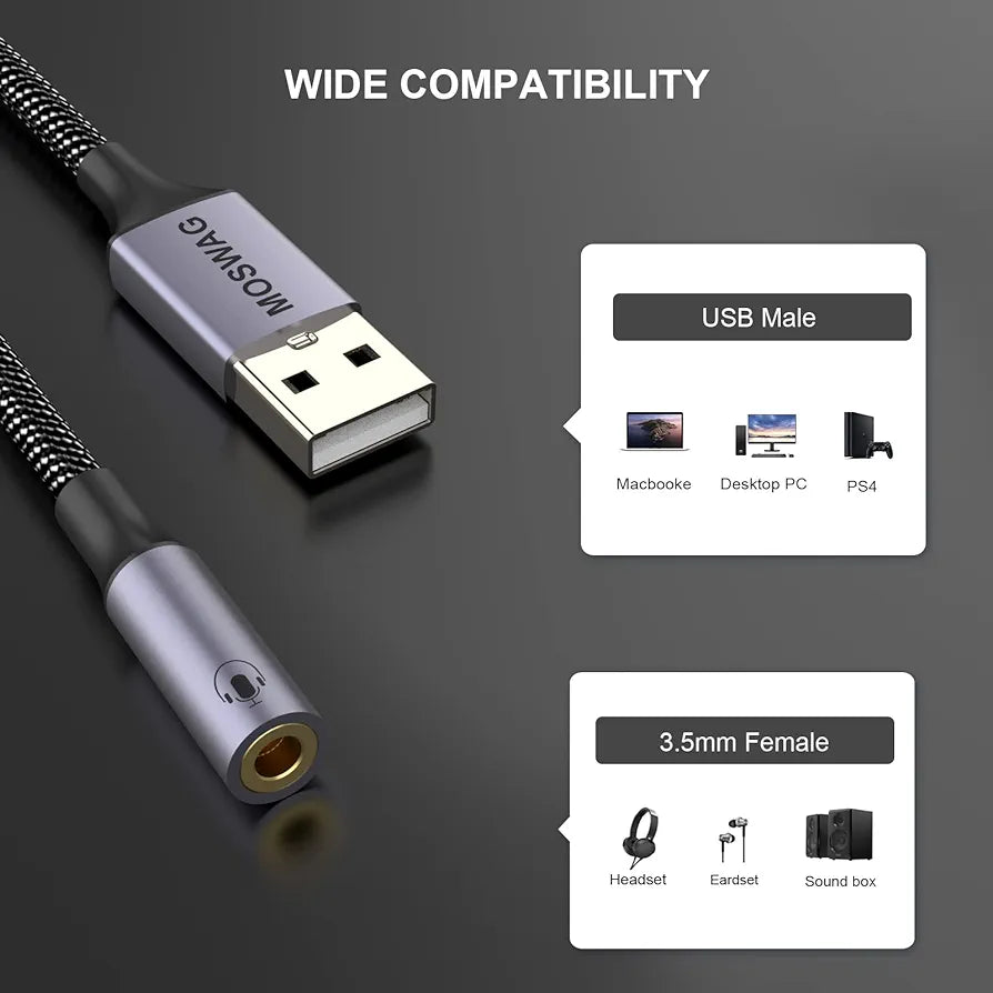 MOSWAG USB to Audio Jack Adapter 0.65Feet/20cm,External Sound Card Jack Audio Adapter with 3.5mm Aux Stereo Converter Compatible with Headset,PC,Laptop,Linux,Desktops,PS4 and More Device