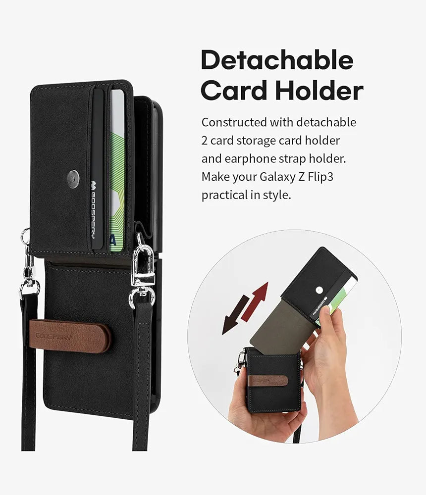 GOOSPERY Wallet Case Compatible with Galaxy Z Flip 3, Detachable Card Holder 2 Card Pocket Storage Premium PU Leather Adjustable Cross-Body Strap Attached Earbud Cord Organizer (Black)