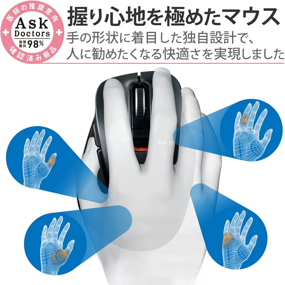 Elecom M-XGM15BBSGM/EC Wireless Mouse, Bluetooth EX-G, Extra Grip Design, Quiet Design, 5 Buttons, Multi Pairing, Medium Size, Gunmetallic