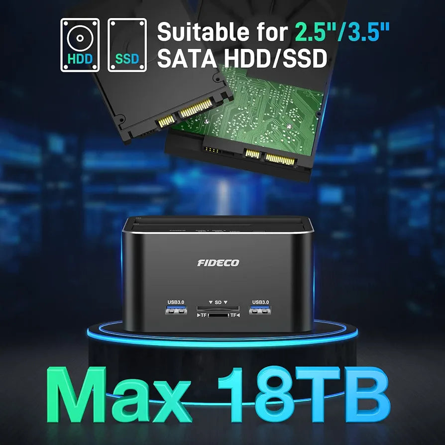 FIDECO Hard Drive Docking Station, USB 3.0 SATA to HDD Docking Station for 2.5 & 3.5 inch SATA HDD/SSD, Dual Bay, Support Offline Clone (Aluminum and ABS)