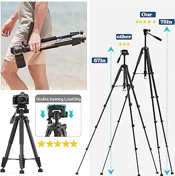 KINGJOY 75" Camera Tripod for Canon Nikon Cell Phone Tall Tripod with Wireless Remote Travel Bag Phone Tablet Holder Compatible with DSLR Cameras, Projector, Binocular, Spotting Scopes