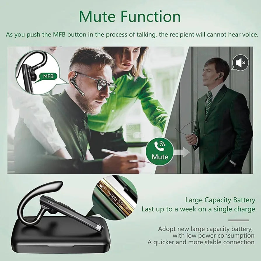 Business BT-YYK-520 Bluetooth 5.0 Headset with Mic, Wireless Ear-Hook Earphone, Mono Boom Mic, Hands-Free Noise-Cancelling, 500mAh Charging Case, Universal Fit,