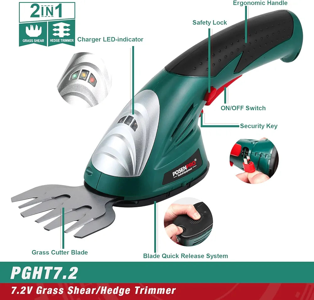 POSENPRO 7.2V 2-in-1 Cordless Hedge Trimmers Electric Grass Trimmer Shrubbery Trimmer Handheld Shrub Shear Rechargeable Lithium-Ion Built-in Battery