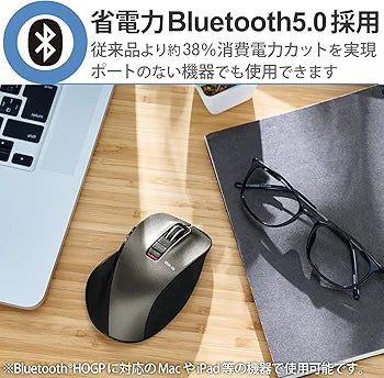 Elecom M-XGM15BBSGM/EC Wireless Mouse, Bluetooth EX-G, Extra Grip Design, Quiet Design, 5 Buttons, Multi Pairing, Medium Size, Gunmetallic