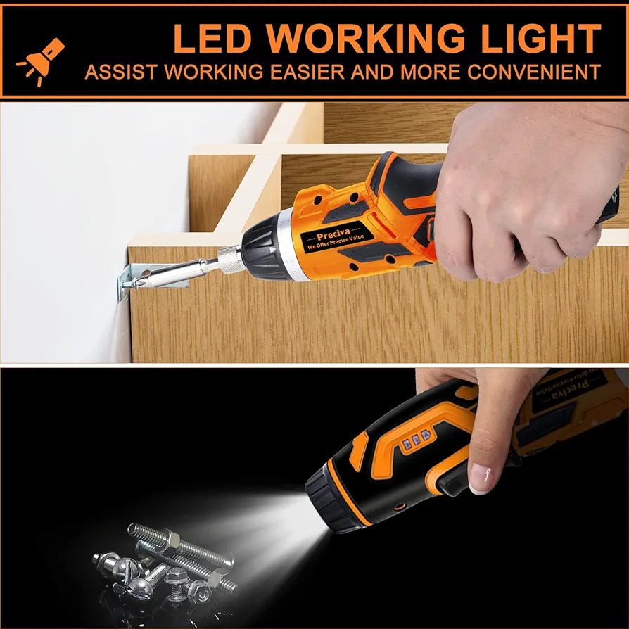 Electric Screwdriver, Preciva 3.6 V Mini Cordless Screwdriver Tool, 0.7-4NM Rechargeable Screwdriver Rotatable 90º with 33 Accessories,7 Speeds, USB Cable, Led Light for Home DIY&Office