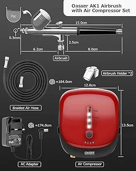 Oasser Airbrush Compressor Kit, Dual Action Airbrush Suit with Rechargeable 1000mAh Lithium Battery, 0.3mm Nozzle and 7CC Cup, Spray Airbrush Gun for Model, Tattoo, Manicure, Cake, Cosmetics, Painting