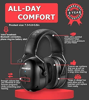 PROHEAR 037 Bluetooth 5.0 Hearing Protection Headphones with Rechargeable 1100mAh Battery, 25dB NRR Safety Noise Reduction Ear Muffs 40H Playtime for Mowing, Workshops, Snowblowing - Black