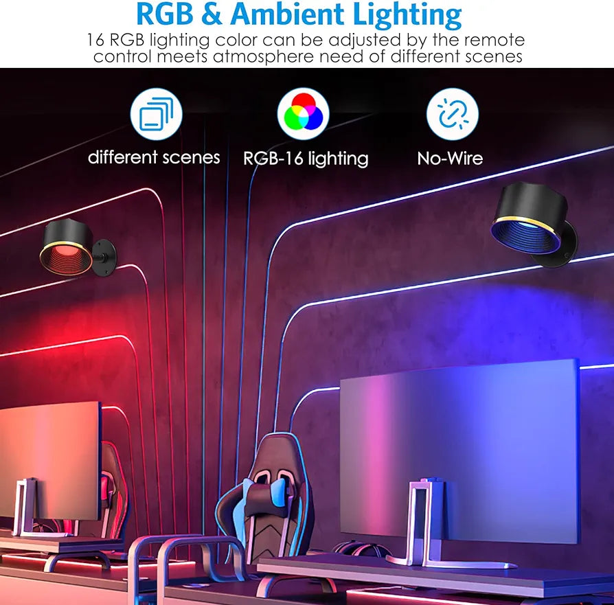 Newest LED Wall Sconce,Rechargeable Wall Mounted Lamp, 16 Colors, 360° Adjustable Base, Remote