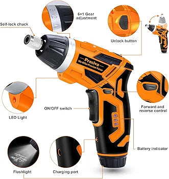 Electric Screwdriver, Preciva 3.6 V Mini Cordless Screwdriver Tool, 0.7-4NM Rechargeable Screwdriver Rotatable 90º with 33 Accessories,7 Speeds, USB Cable, Led Light for Home DIY&Office