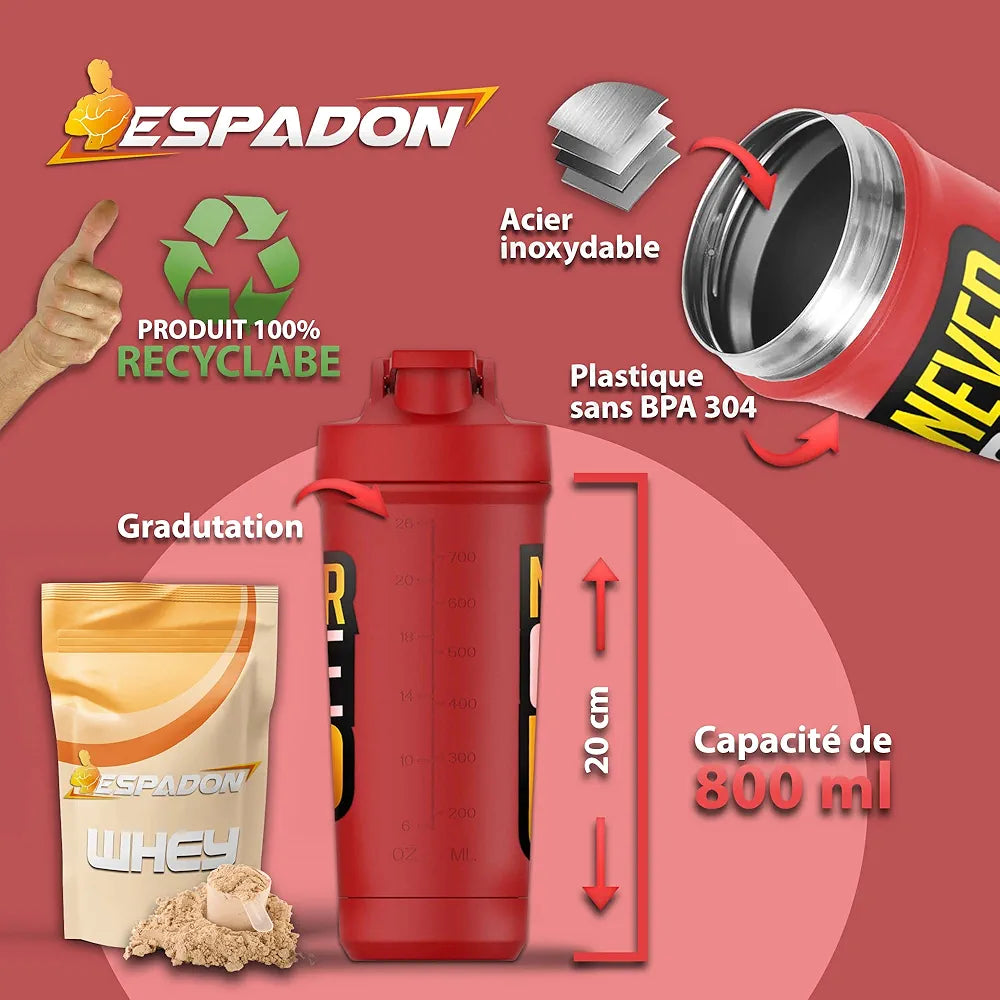 ESPADON Stainless steel protein shaker that eliminates lumps thanks to the PRENIUM filter, easy to clean (NEVER GIVE UP edition)