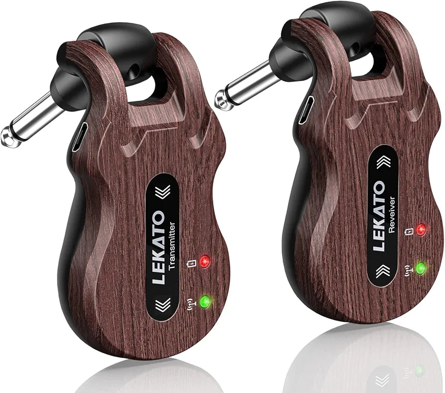 LEKATO Wireless Guitar System 5.8 Wireless Guitar Transmitter Receiver Rechargeable Audio Wireless Transmitter Receiver 4 Channels Transmission Range for Electric Guitar Bass (Grain)