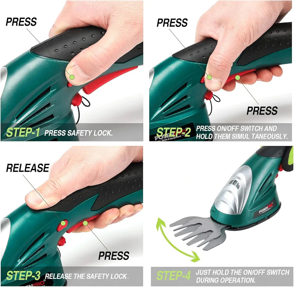 POSENPRO 7.2V 2-in-1 Cordless Hedge Trimmers Electric Grass Trimmer Shrubbery Trimmer Handheld Shrub Shear Rechargeable Lithium-Ion Built-in Battery
