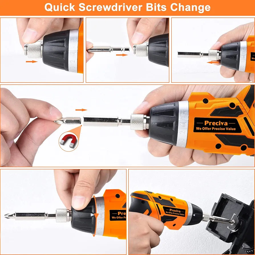 Electric Screwdriver, Preciva 3.6 V Mini Cordless Screwdriver Tool, 0.7-4NM Rechargeable Screwdriver Rotatable 90º with 33 Accessories,7 Speeds, USB Cable, Led Light for Home DIY&Office