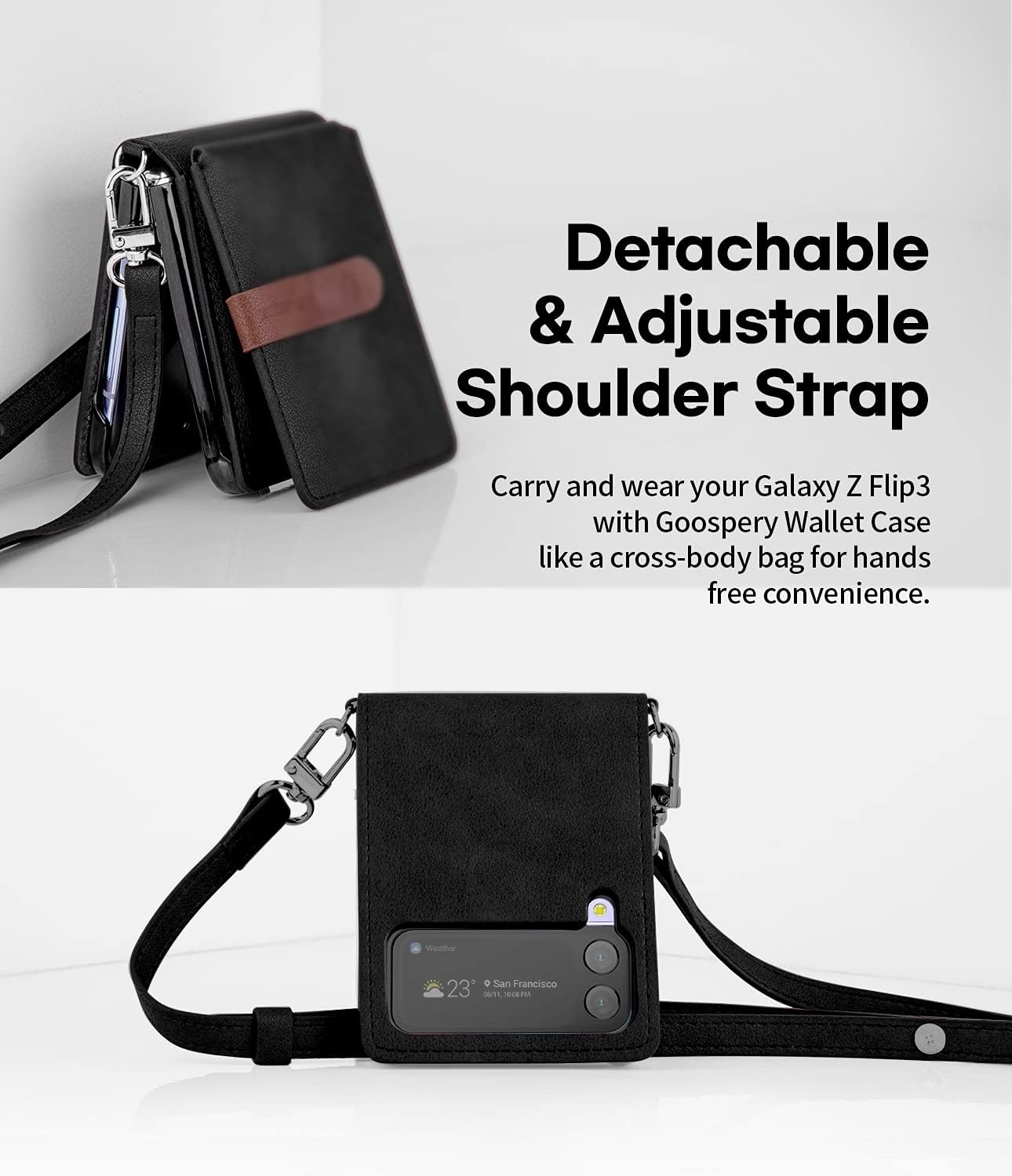 GOOSPERY Wallet Case Compatible with Galaxy Z Flip 3, Detachable Card Holder 2 Card Pocket Storage Premium PU Leather Adjustable Cross-Body Strap Attached Earbud Cord Organizer (Black)