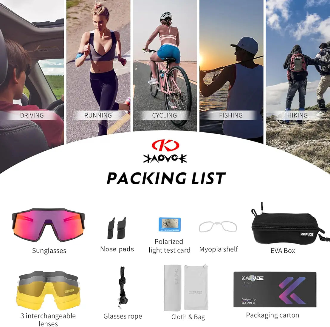 KAPVOE Polarized Cycling Glasses With 1 Lens Or 4 Interchangeable Lens Tr90 Frame For Men Women Sports Sunglasses Bike