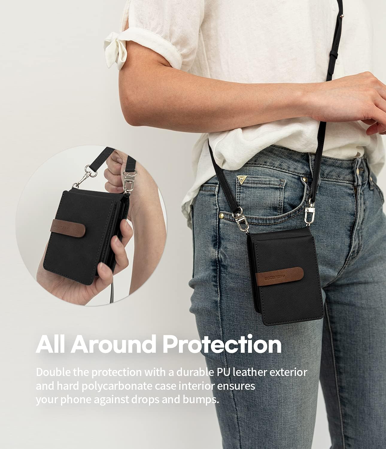 GOOSPERY Wallet Case Compatible with Galaxy Z Flip 3, Detachable Card Holder 2 Card Pocket Storage Premium PU Leather Adjustable Cross-Body Strap Attached Earbud Cord Organizer (Black)