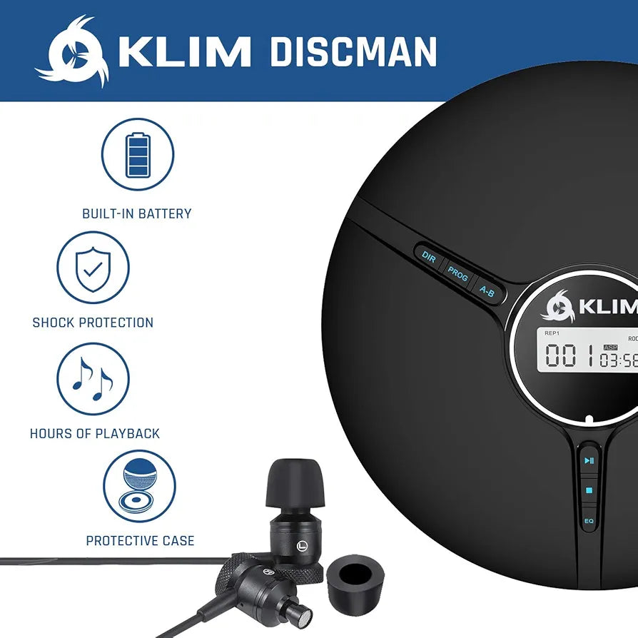 KLIM Discman Portable CD Player with Headphones, Built-in Battery - Version 2024 - CD Players for Home, Car - Compatible w/SD Card, CD, CD-R, CD-RW, MP3, WMA - 5 EQ Effects - Walkman CD Player - Black