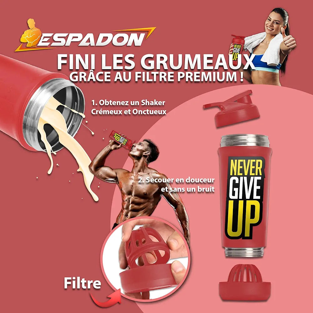 ESPADON Stainless steel protein shaker that eliminates lumps thanks to the PRENIUM filter, easy to clean (NEVER GIVE UP edition)