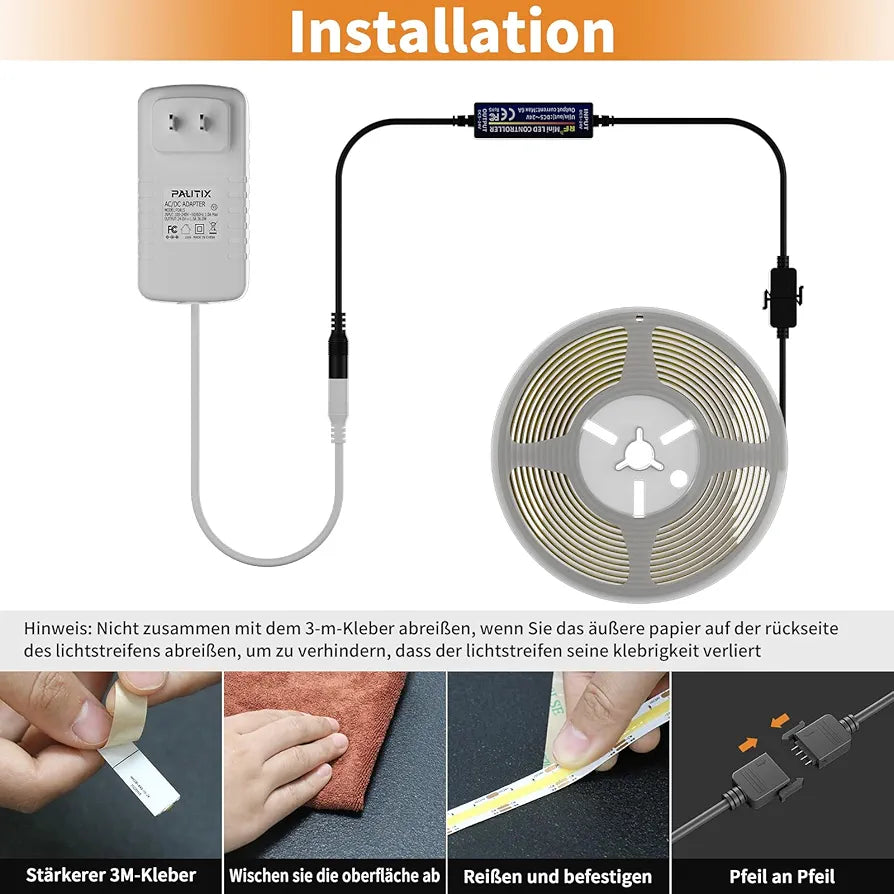 PAUTIX COB LED Strip CCT Warm White Cool White, 5 m, 3200 LEDs, Dimmable, 2700 K - 6500 K, 24 V LED Strip Light Set with Power Supply and RF Remote Control for Bedroom, Kitchen, TV, Mirror, DIY