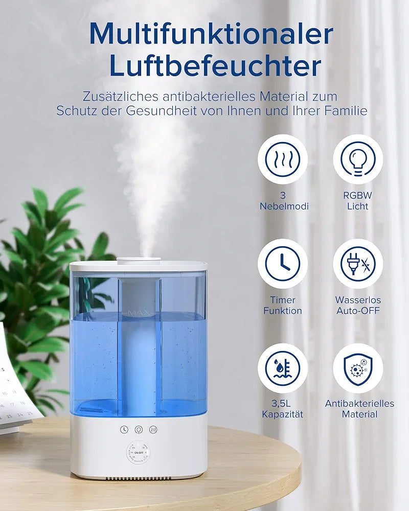 Maxcio 3.5 L Humidifier Children's Room, Top-Fill Ultrasonic RGB Night Light Humidifier, BPA-Free Aroma Diffuser, 360° Steam Nozzles, Running Time up to 40 Hours, 28 dB Super Quiet for Bedroom Plants
