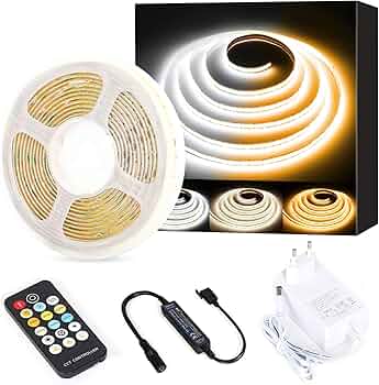 PAUTIX COB LED Strip CCT Warm White Cool White, 5 m, 3200 LEDs, Dimmable, 2700 K - 6500 K, 24 V LED Strip Light Set with Power Supply and RF Remote Control for Bedroom, Kitchen, TV, Mirror, DIY