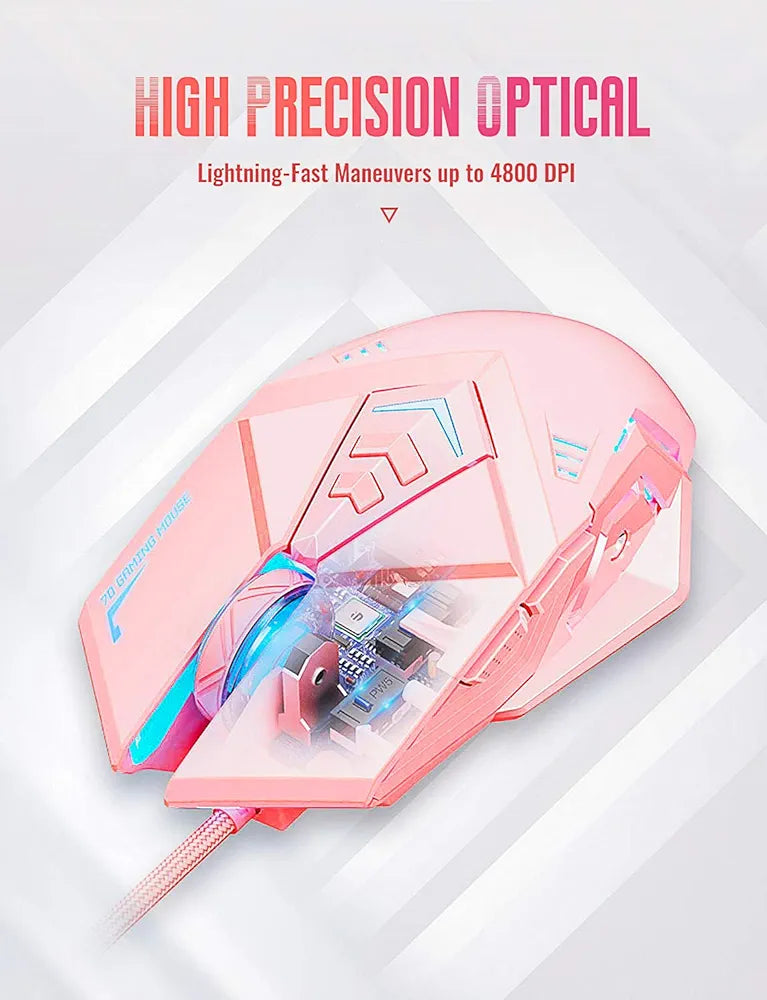 PW5 Wired Gaming Mouse, 7 Programmable Buttons, Silent Click, 4 Levels Adjustable DPI, RGB, USB Wired Mice for PC, Mac, Laptop, Computer-Pink
