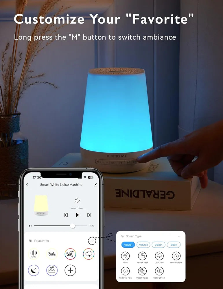 Momcozy White Noise Machine for Baby Sleeping with Night Light, Toddler Sleep Trainer 34 Soothing Sleep Sounds, Timer, App Remote Control, Personal Sleep Routine Alarm Clock(Blue)