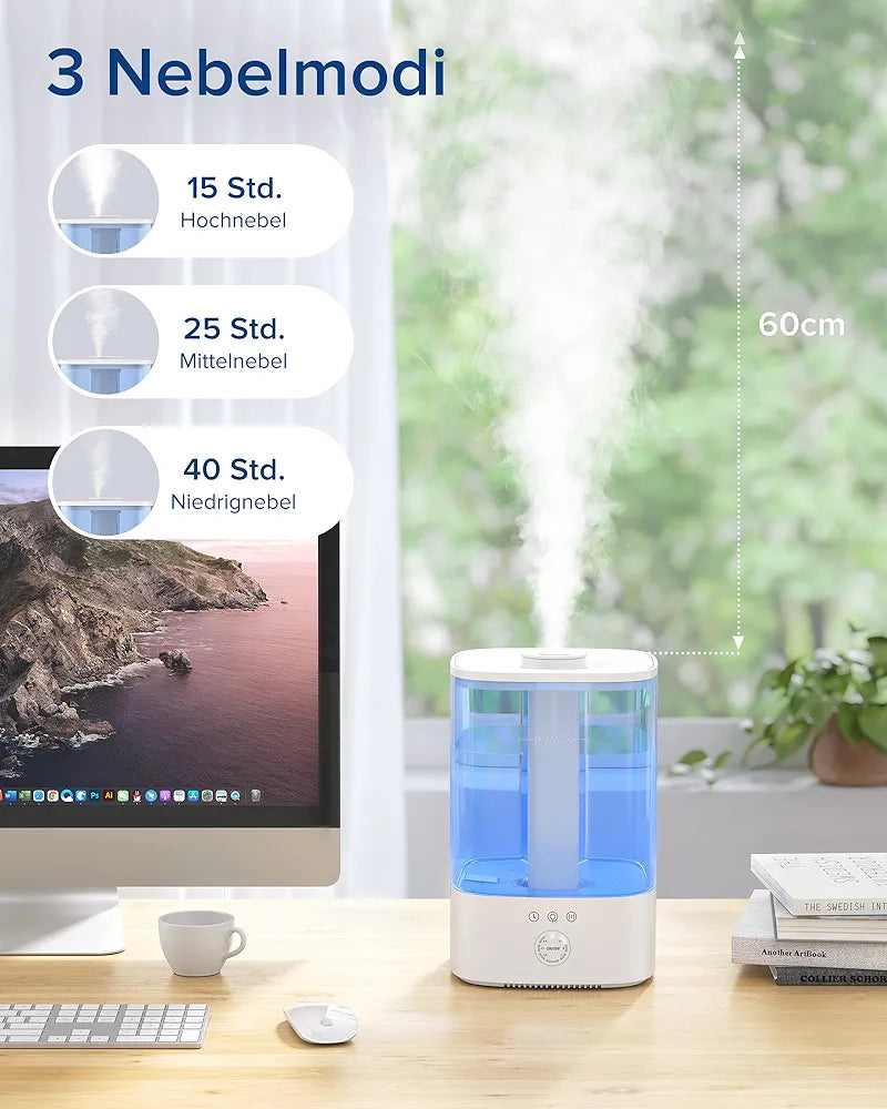 Maxcio 3.5 L Humidifier Children's Room, Top-Fill Ultrasonic RGB Night Light Humidifier, BPA-Free Aroma Diffuser, 360° Steam Nozzles, Running Time up to 40 Hours, 28 dB Super Quiet for Bedroom Plants