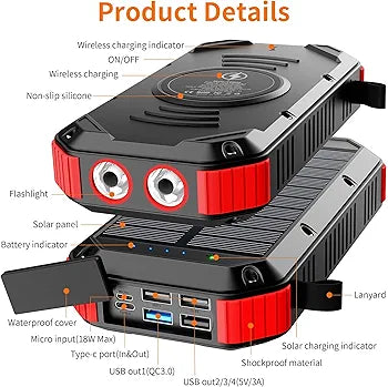 Solar Power Bank, Portable Charger 39,800 mAh Solar Charger, 18W Type-c & 5 Outputs Battery Pack, 2 Super Bright Flashlights 4 Lighting Modes