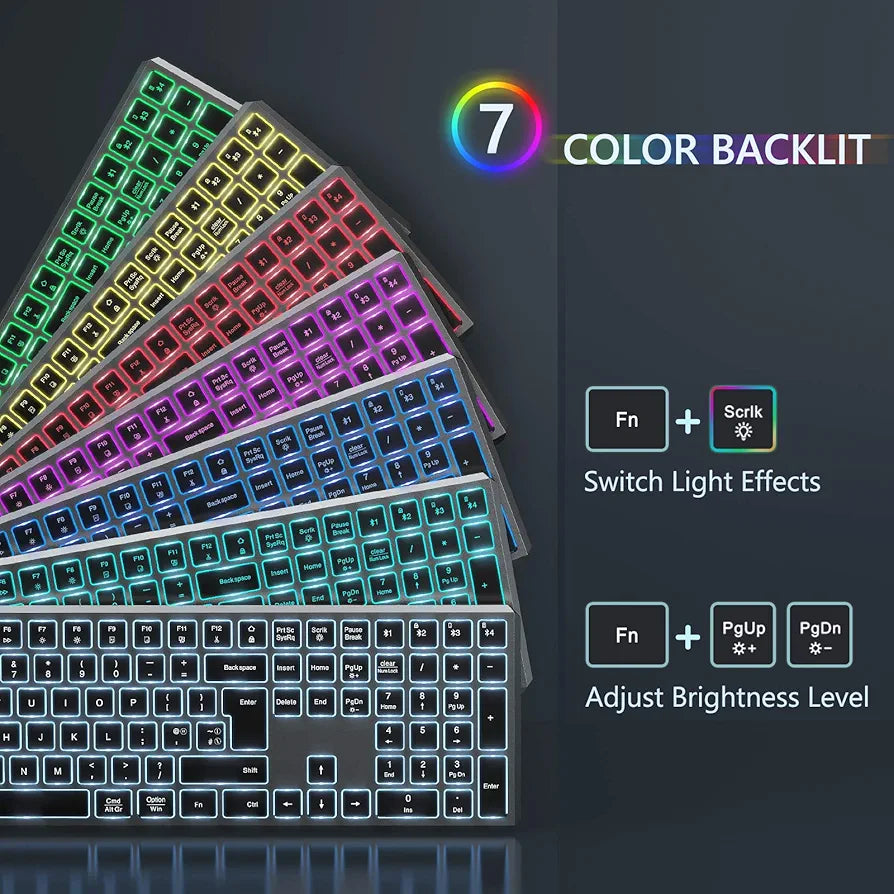 Seenda Bluetooth 7-Color LED Backlit Keyboard for Mac,iPad,Windows, Silent Rechargeable Wireless for Macbook,Laptop,Android Tablet