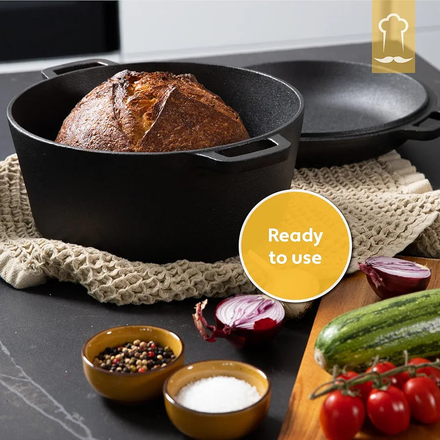 Chefarone Cast Iron Pot 2-in-1 with Proofing Basket and Dough Scraper. Bread Baking Mould with Lid, 4.6 Litres, Roasting Dish with Lid, Oven Safe, Cast Iron Pot, Bread Baking at Home, Cast Iron Pan