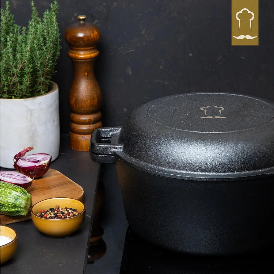 Chefarone Cast Iron Pot 2-in-1 with Proofing Basket and Dough Scraper. Bread Baking Mould with Lid, 4.6 Litres, Roasting Dish with Lid, Oven Safe, Cast Iron Pot, Bread Baking at Home, Cast Iron Pan