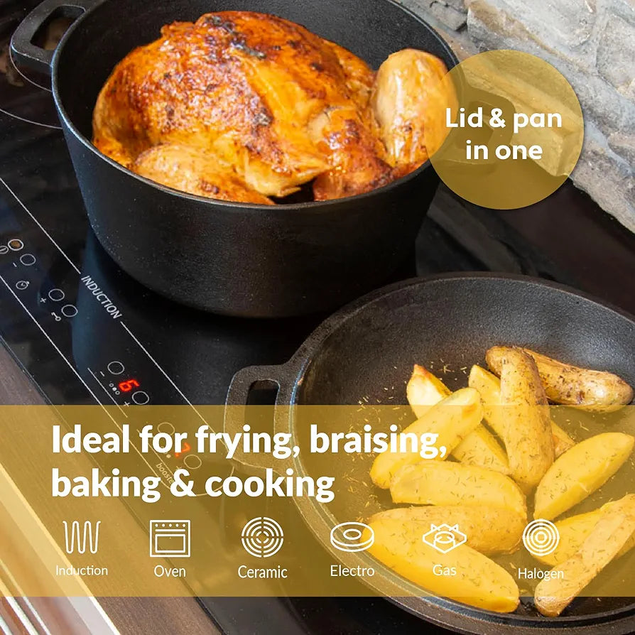 Chefarone Cast Iron Pot 2-in-1 with Proofing Basket and Dough Scraper. Bread Baking Mould with Lid, 4.6 Litres, Roasting Dish with Lid, Oven Safe, Cast Iron Pot, Bread Baking at Home, Cast Iron Pan