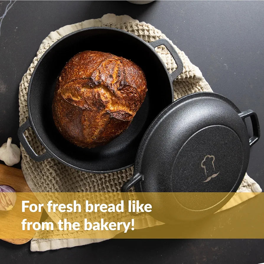 Chefarone Cast Iron Pot 2-in-1 with Proofing Basket and Dough Scraper. Bread Baking Mould with Lid, 4.6 Litres, Roasting Dish with Lid, Oven Safe, Cast Iron Pot, Bread Baking at Home, Cast Iron Pan