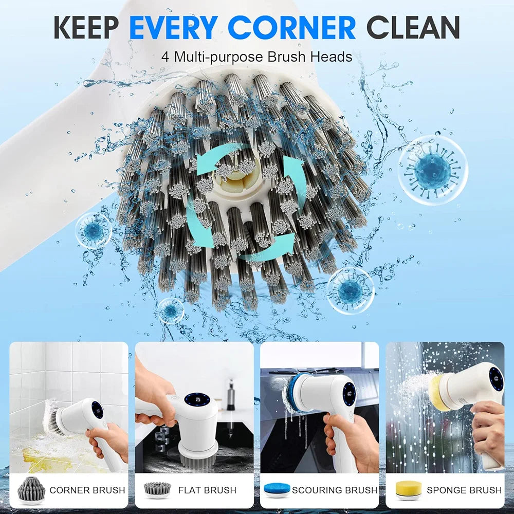 Electric Spin Scrubber, Power Cleaning Brush Shower Scrubber with Digital Display and 4 Replaceable Heads, 2 Adjustable Speeds, Electric Scrubber Brush for Cleaning Bathroom Tile Floor Bathtub Window
