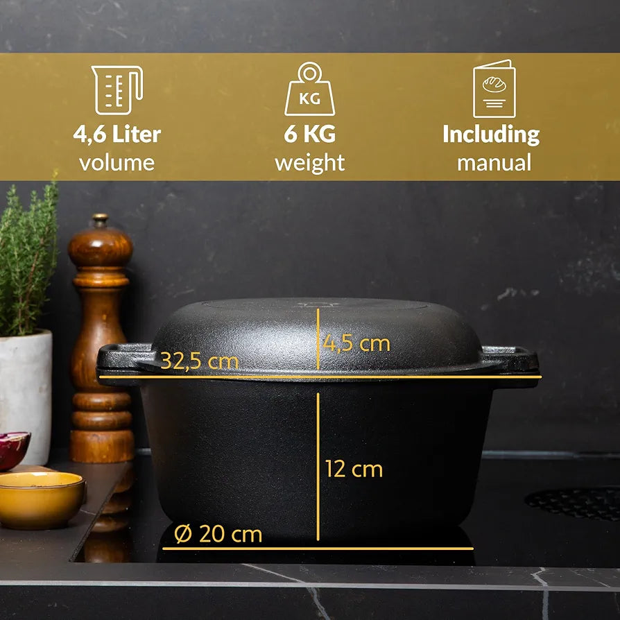 Chefarone Cast Iron Pot 2-in-1 with Proofing Basket and Dough Scraper. Bread Baking Mould with Lid, 4.6 Litres, Roasting Dish with Lid, Oven Safe, Cast Iron Pot, Bread Baking at Home, Cast Iron Pan