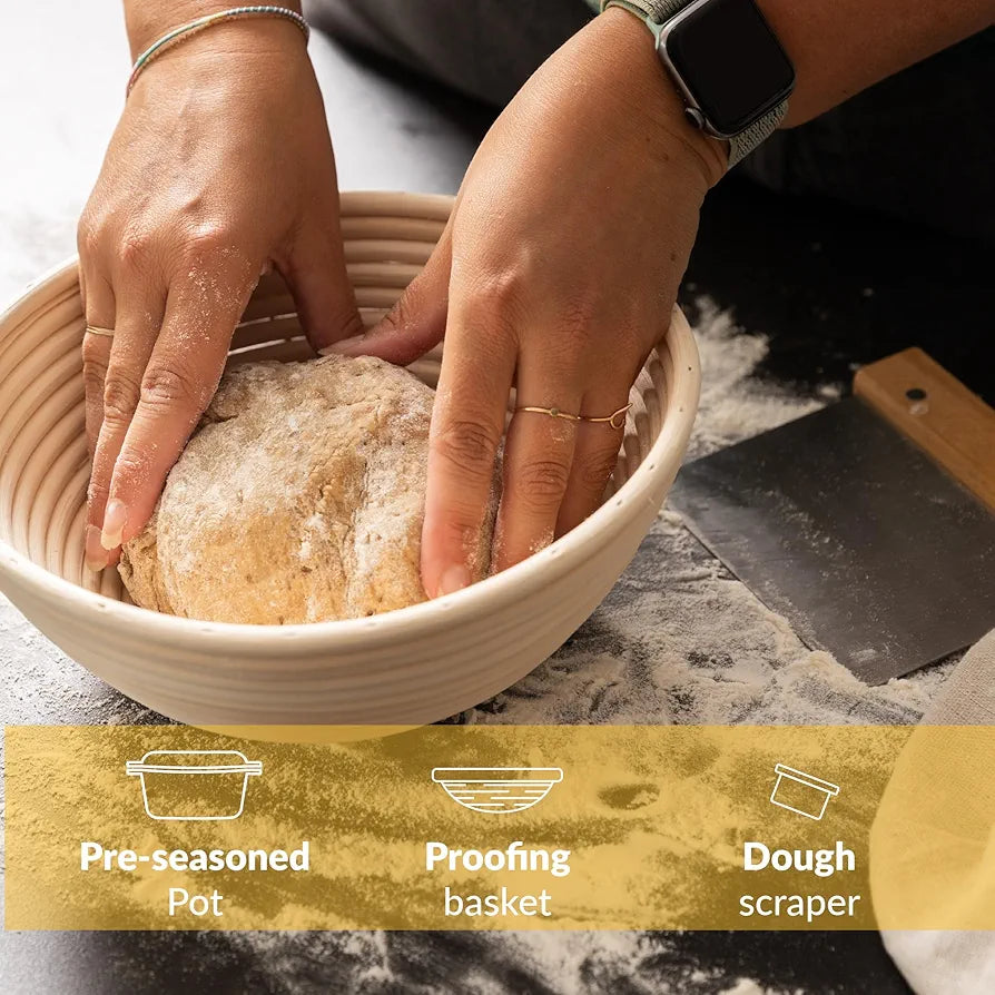 Chefarone Cast Iron Pot 2-in-1 with Proofing Basket and Dough Scraper. Bread Baking Mould with Lid, 4.6 Litres, Roasting Dish with Lid, Oven Safe, Cast Iron Pot, Bread Baking at Home, Cast Iron Pan